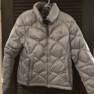 Light blue metallic North Face puffer